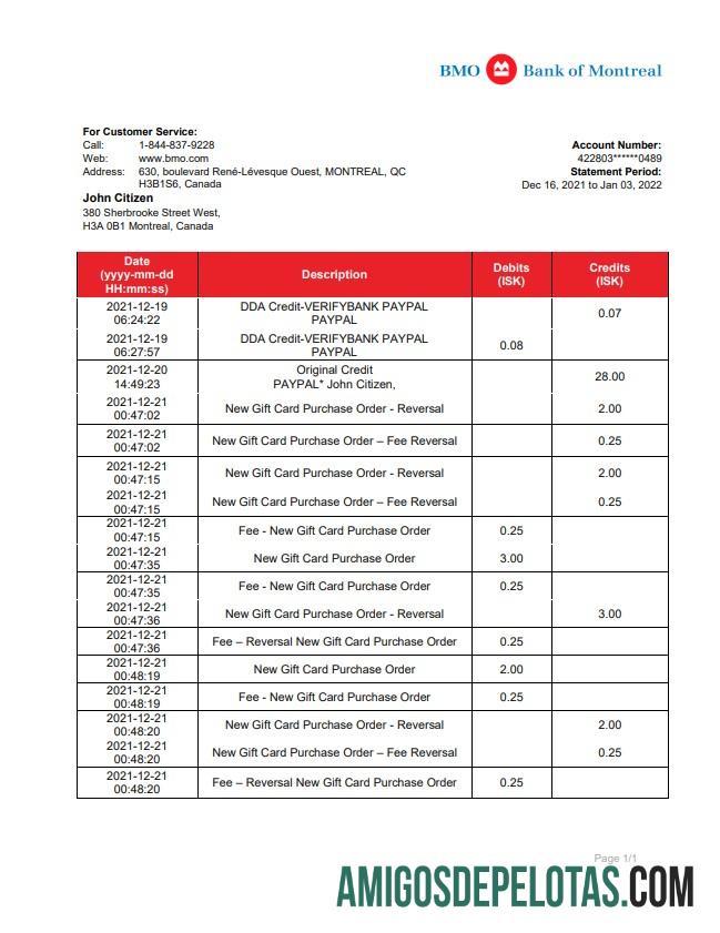 Exemplo de extrato bancário do Banco de Montreal do Canadá